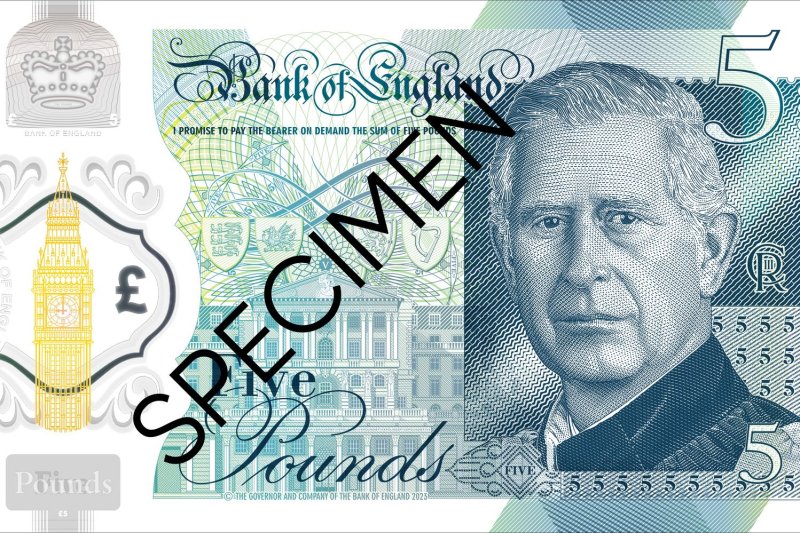 The new £5 note features a portrait of King Charles III. The British banknotes will go into circulation by the middle of 2024. Image provided by The Bank of England/EPA/EFE